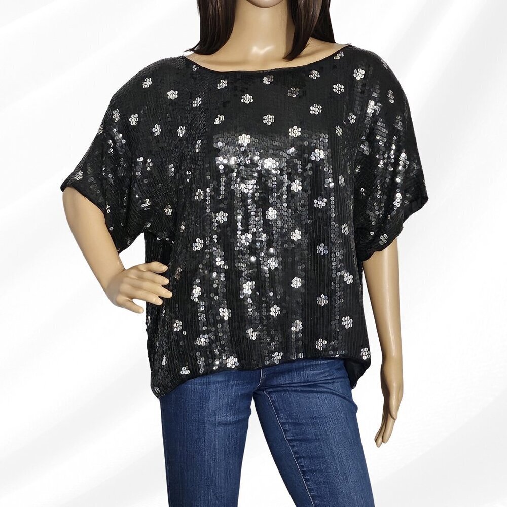 *JLB Black Sequined Top Size 2X Silk Lined Padded Shoulders